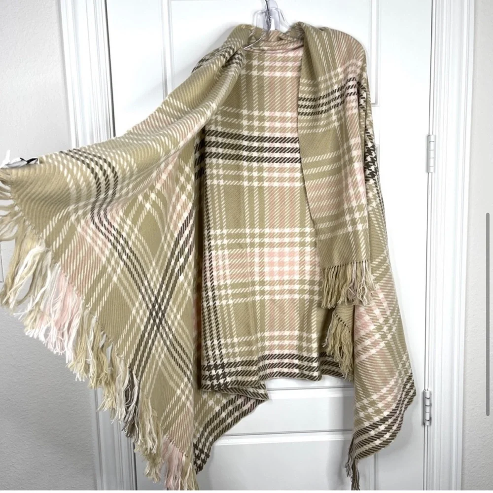 NORDSTROM 100% Cashmere NEW Plaid Wrap Oversized Scarf In Tan Combo NEW
